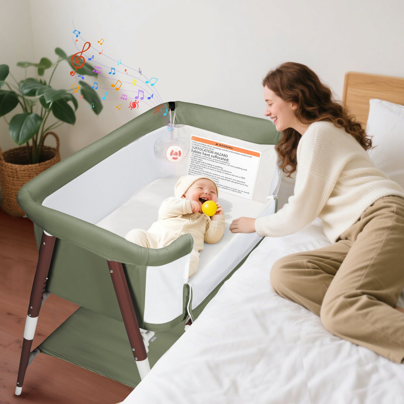 PRVAETU 3 in 1 Bassinet Bedside Sleeper for Baby,Infant Bassinet W/ Music Toy,4 Wheels,Adjustable 5 Height,Mattress,Mosquito Net,Basket,Carry Bag