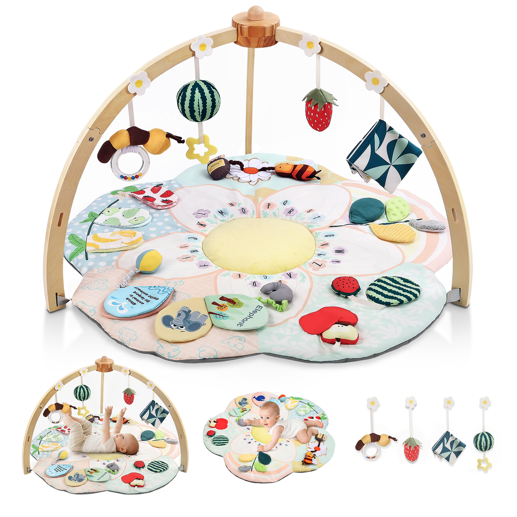 PRVAETU Flower Shaped Baby Play Mat for Tummy Time, Sit and Play , Sensory Activity Gym Mat with Detachable Wooden Arch 4 Hanging Toys
