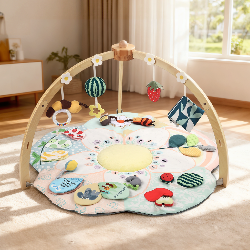 PRVAETU Flower Shaped Baby Play Mat for Tummy Time, Sit and Play , Sensory Activity Gym Mat with Detachable Wooden Arch 4 Hanging Toys