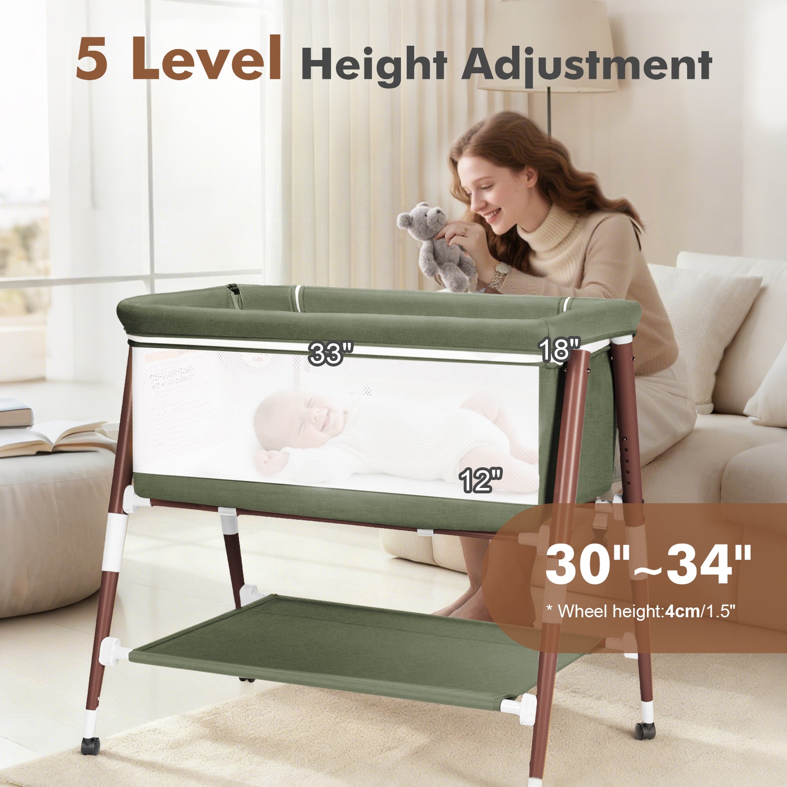 PRVAETU 3 in 1 Bassinet Bedside Sleeper for Baby,Infant Bassinet W/ Music Toy,4 Wheels,Adjustable 5 Height,Mattress,Mosquito Net,Basket,Carry Bag