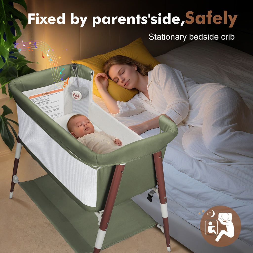 PRVAETU 3 in 1 Bassinet Bedside Sleeper for Baby,Infant Bassinet W/ Music Toy,4 Wheels,Adjustable 5 Height,Mattress,Mosquito Net,Basket,Carry Bag