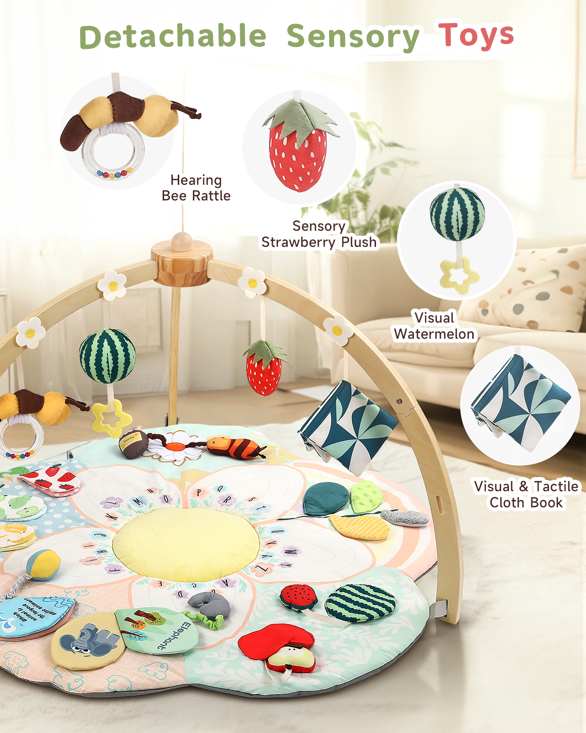 PRVAETU Flower Shaped Baby Play Mat for Tummy Time, Sit and Play , Sensory Activity Gym Mat with Detachable Wooden Arch 4 Hanging Toys