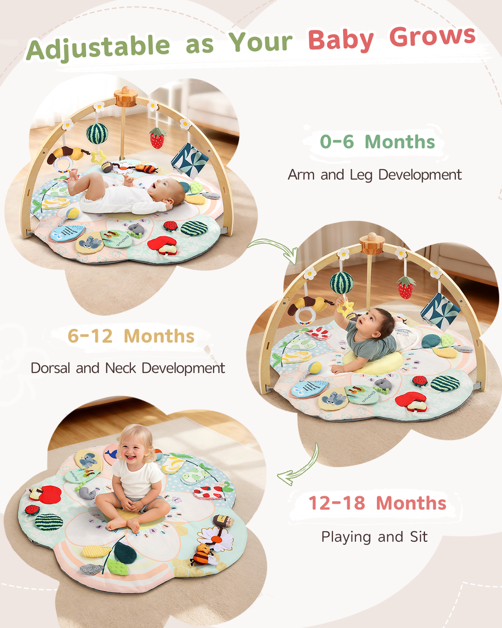 PRVAETU Flower Shaped Baby Play Mat for Tummy Time, Sit and Play , Sensory Activity Gym Mat with Detachable Wooden Arch 4 Hanging Toys