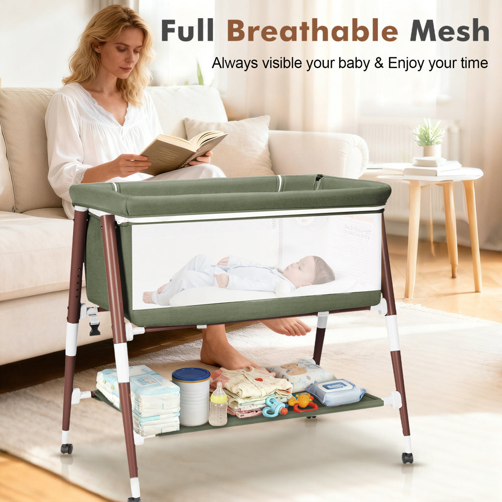 PRVAETU 3 in 1 Bassinet Bedside Sleeper for Baby,Infant Bassinet W/ Music Toy,4 Wheels,Adjustable 5 Height,Mattress,Mosquito Net,Basket,Carry Bag