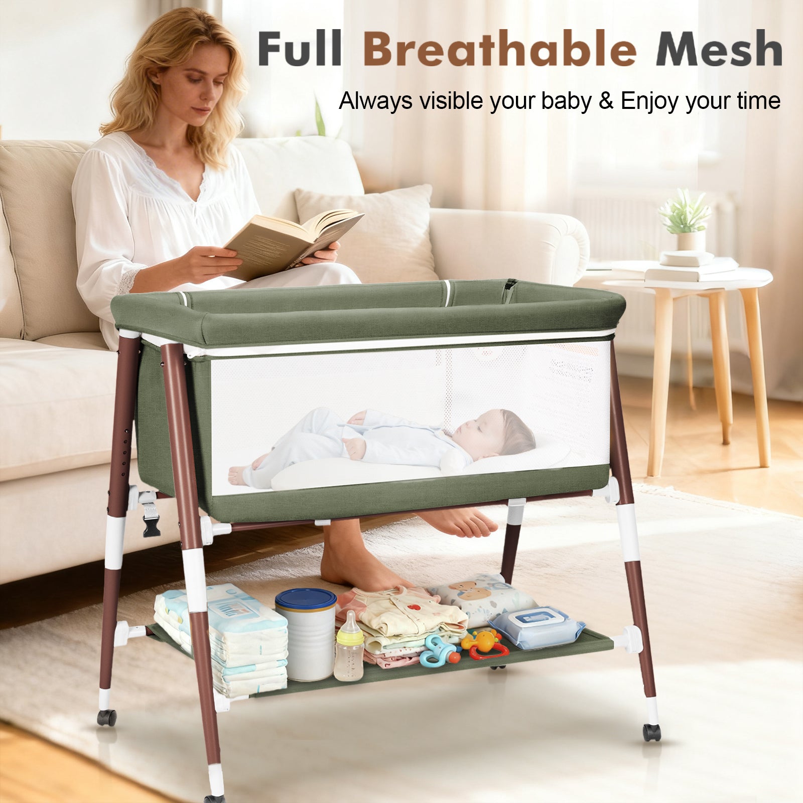 PRVAETU 3 in 1 Bassinet Bedside Sleeper for Baby,Infant Bassinet W/ Music Toy,4 Wheels,Adjustable 5 Height,Mattress,Mosquito Net,Basket,Carry Bag
