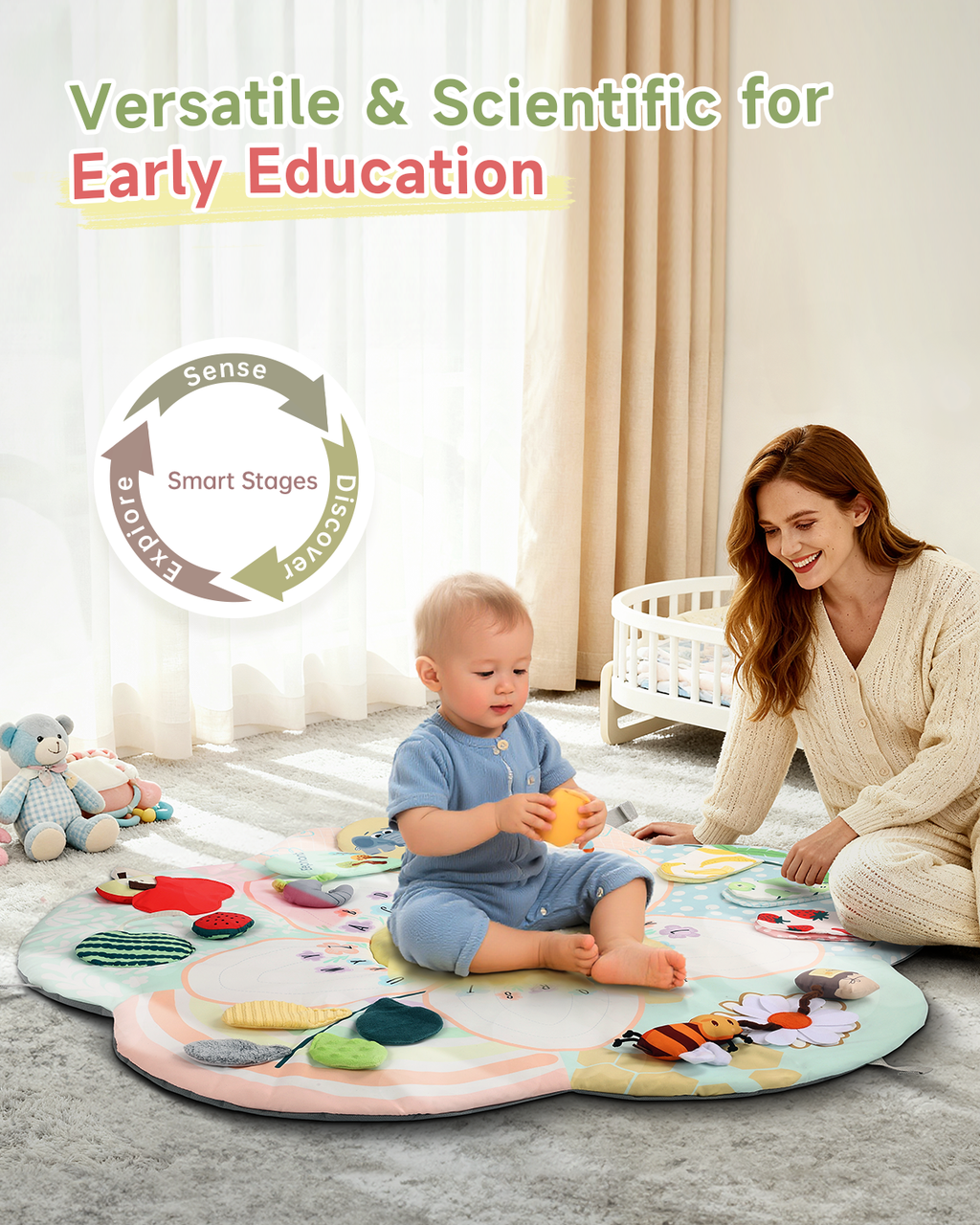PRVAETU Flower Shaped Baby Play Mat for Tummy Time, Sit and Play , Sensory Activity Gym Mat with Detachable Wooden Arch 4 Hanging Toys