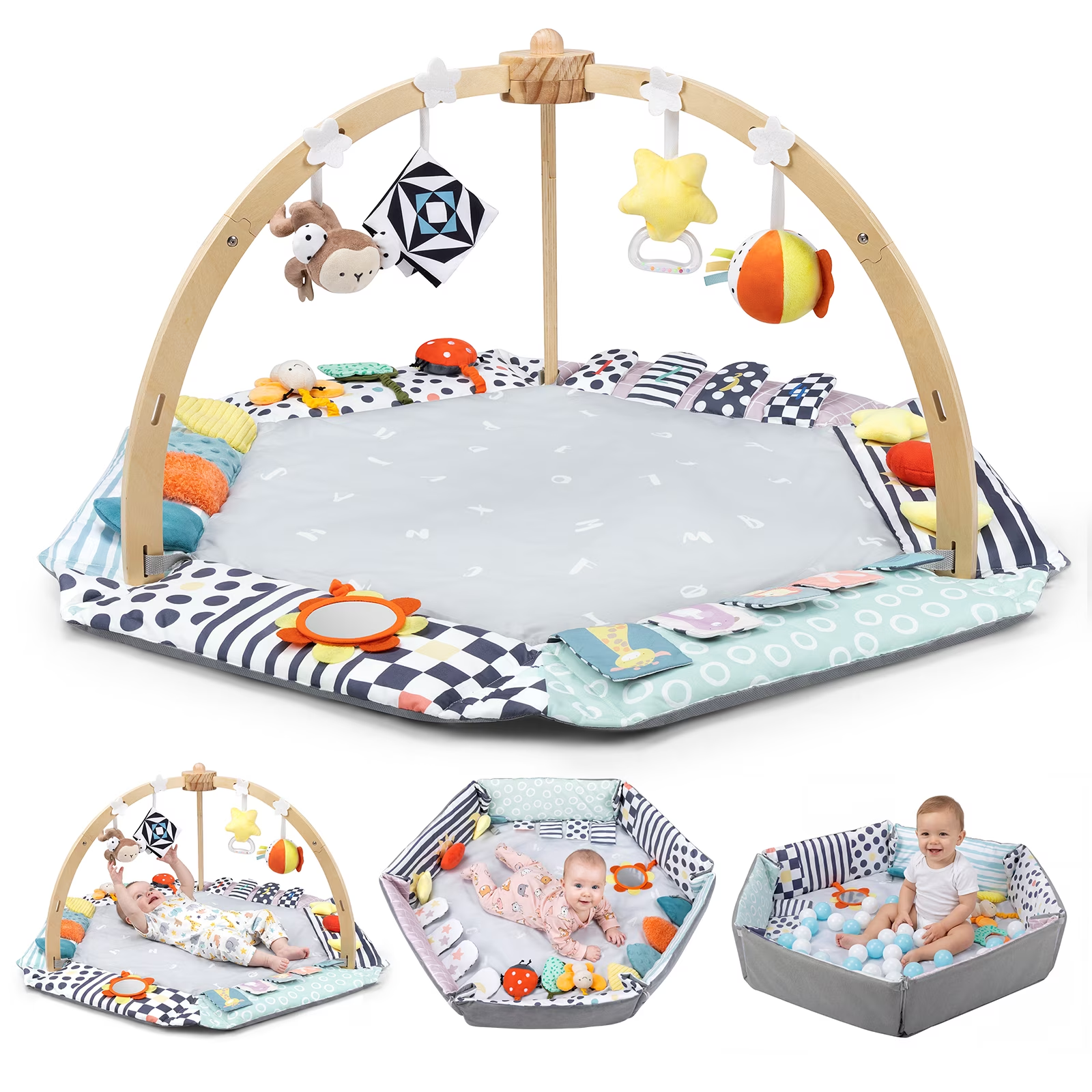 PRVAETU Baby Play Mat with Foldable Raised Edges, Wooden Gym & 6-in-1 Activity Center, Convertible Ball Pit, Sensory Playmat for Infants 6-18 Months