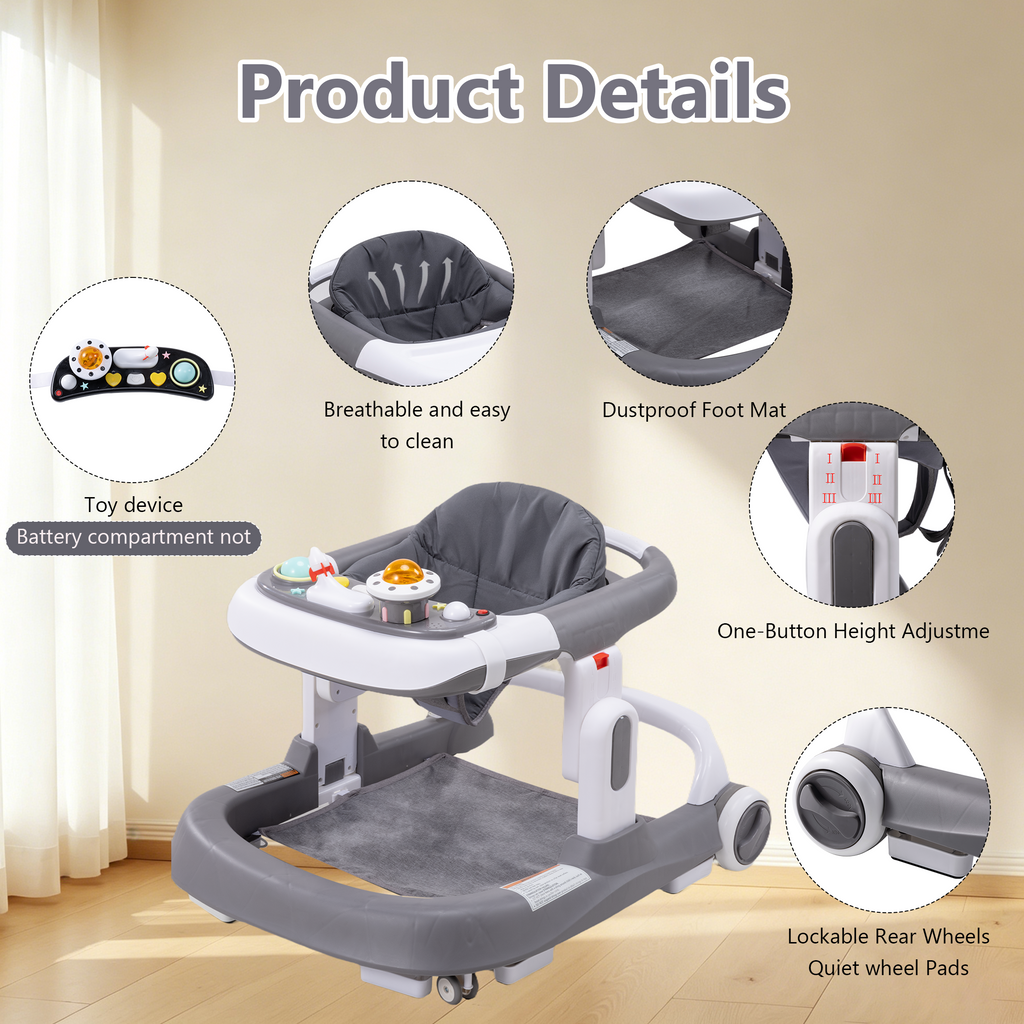 PRVAETU 4-in-1 Baby Walker with Wheels, Adjustable Height, Music and Light for Girls Boys Infant 6-18 Months