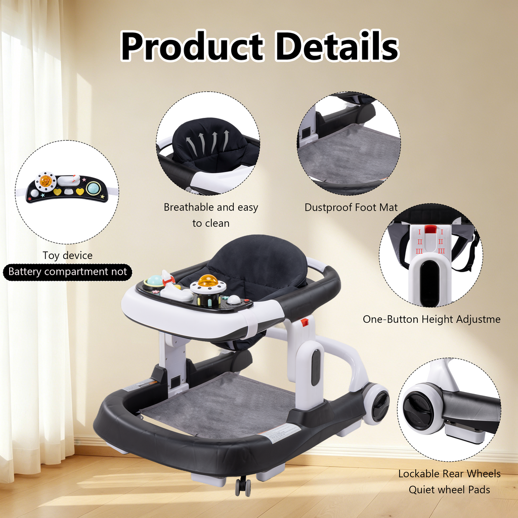 PRVAETU 4-in-1 Baby Walker with Wheels, Adjustable Height, Music and Light for Girls Boys Infant 6-18 Months