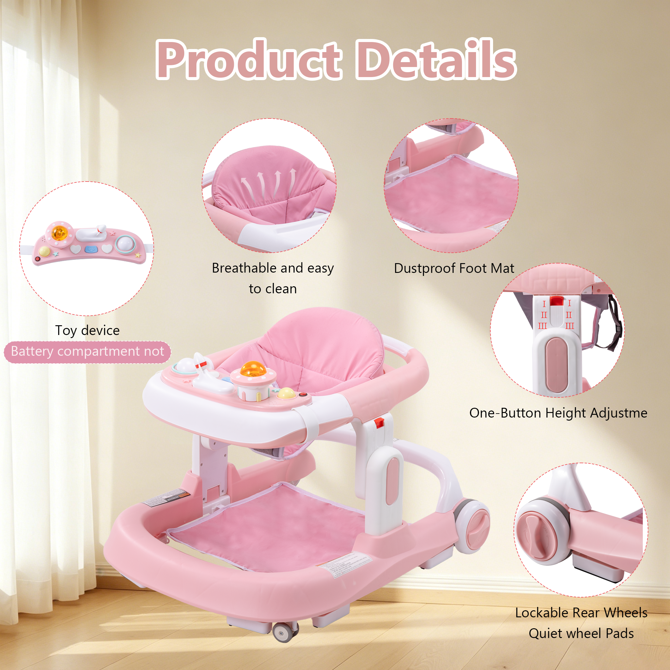 PRVAETU 4-in-1 Baby Walker with Wheels, Adjustable Height, Music and Light for Girls Boys Infant 6-18 Months