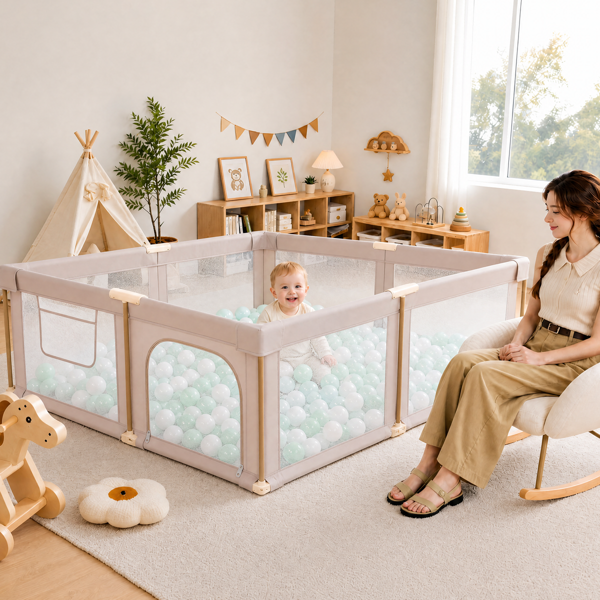 PRVAETU 51*59 Foldable Baby Playpen & Playard with Mat for Boys Girls
