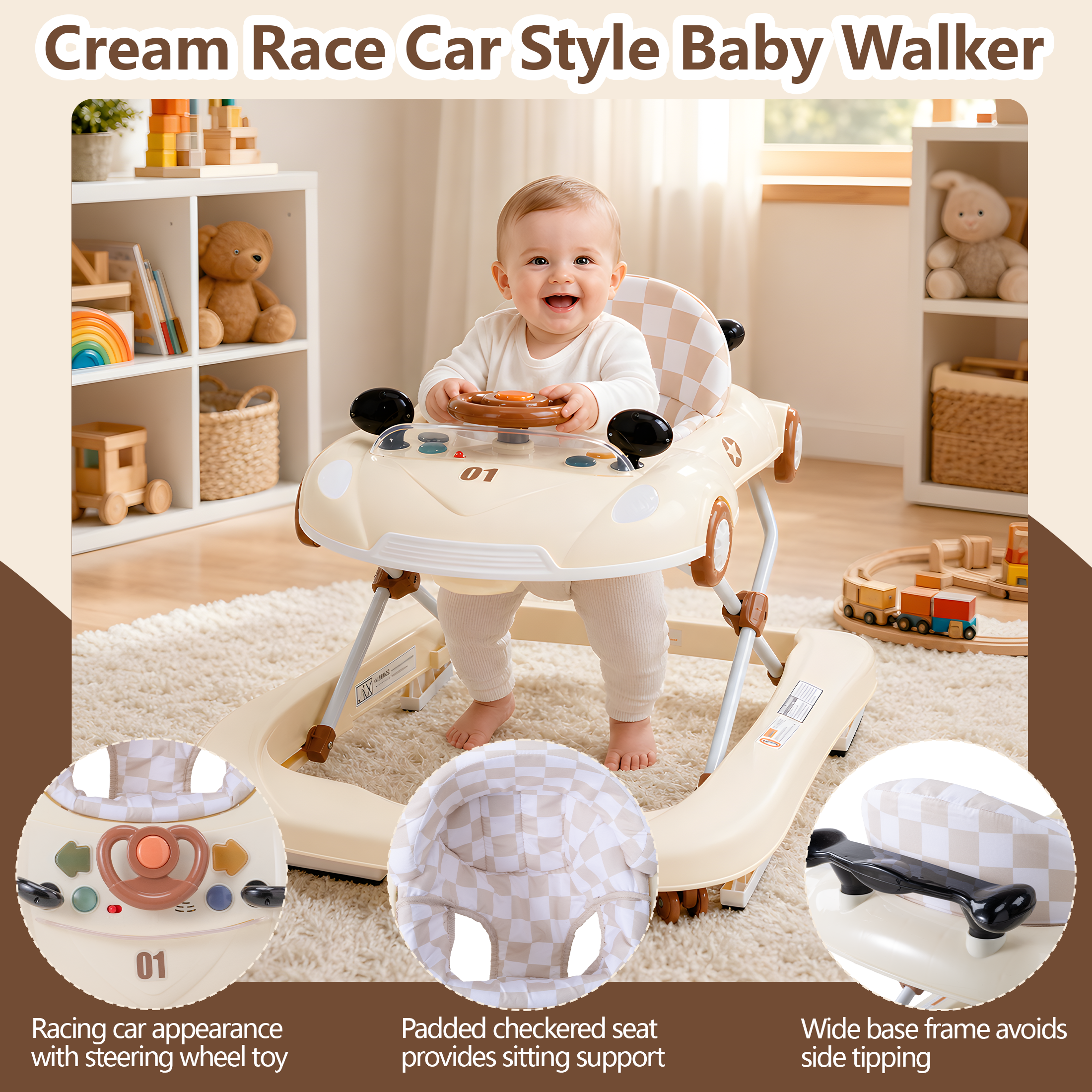 PRVAETU 5 in 1 Baby Walker Car-Shaped with Music,Lights,Foldable,Jumper,Rocking,Removable Plate for Infant Boys 6-18 Months