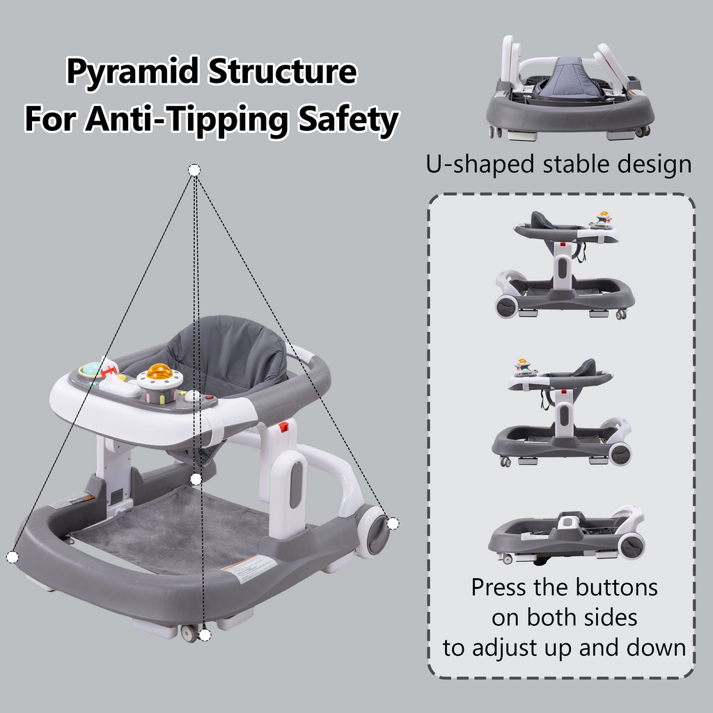 PRVAETU 4-in-1 Baby Walker with Wheels, Adjustable Height, Music and Light for Girls Boys Infant 6-18 Months