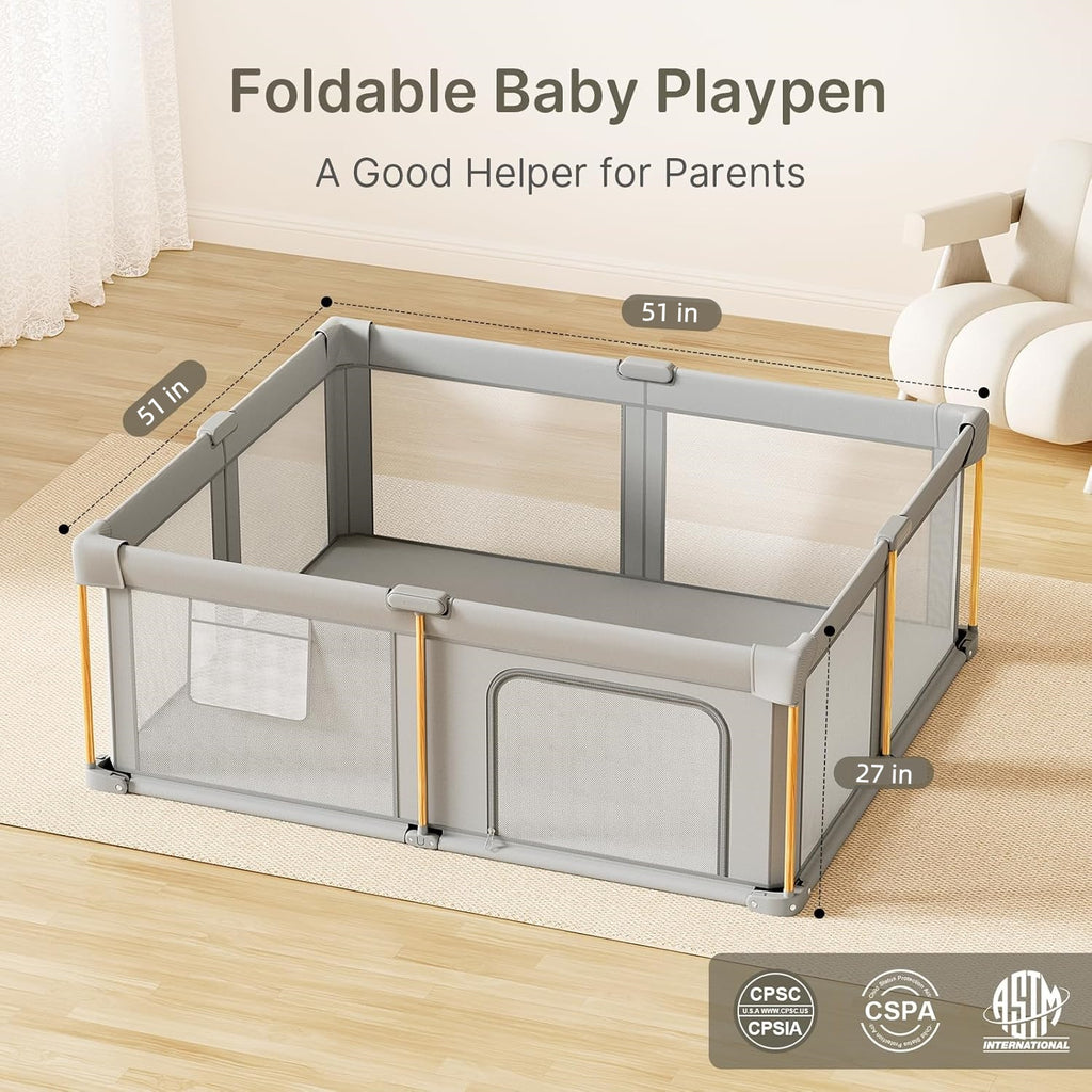 PRVAETU Foldable Baby Playpen with Mat, Play Yard Fence for Babies Boys Girls Toddlers, Large Playard W/ 300D Fabric for Infant and Kids