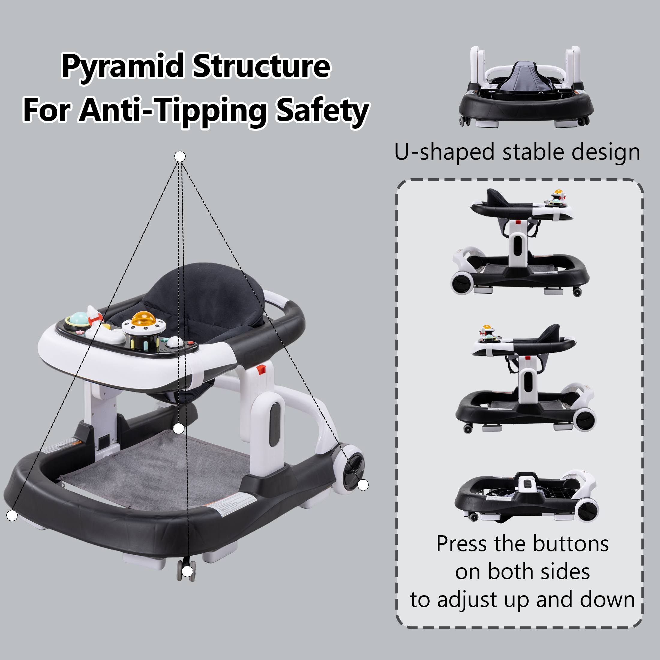 PRVAETU 4-in-1 Baby Walker with Wheels, Adjustable Height, Music and Light for Girls Boys Infant 6-18 Months