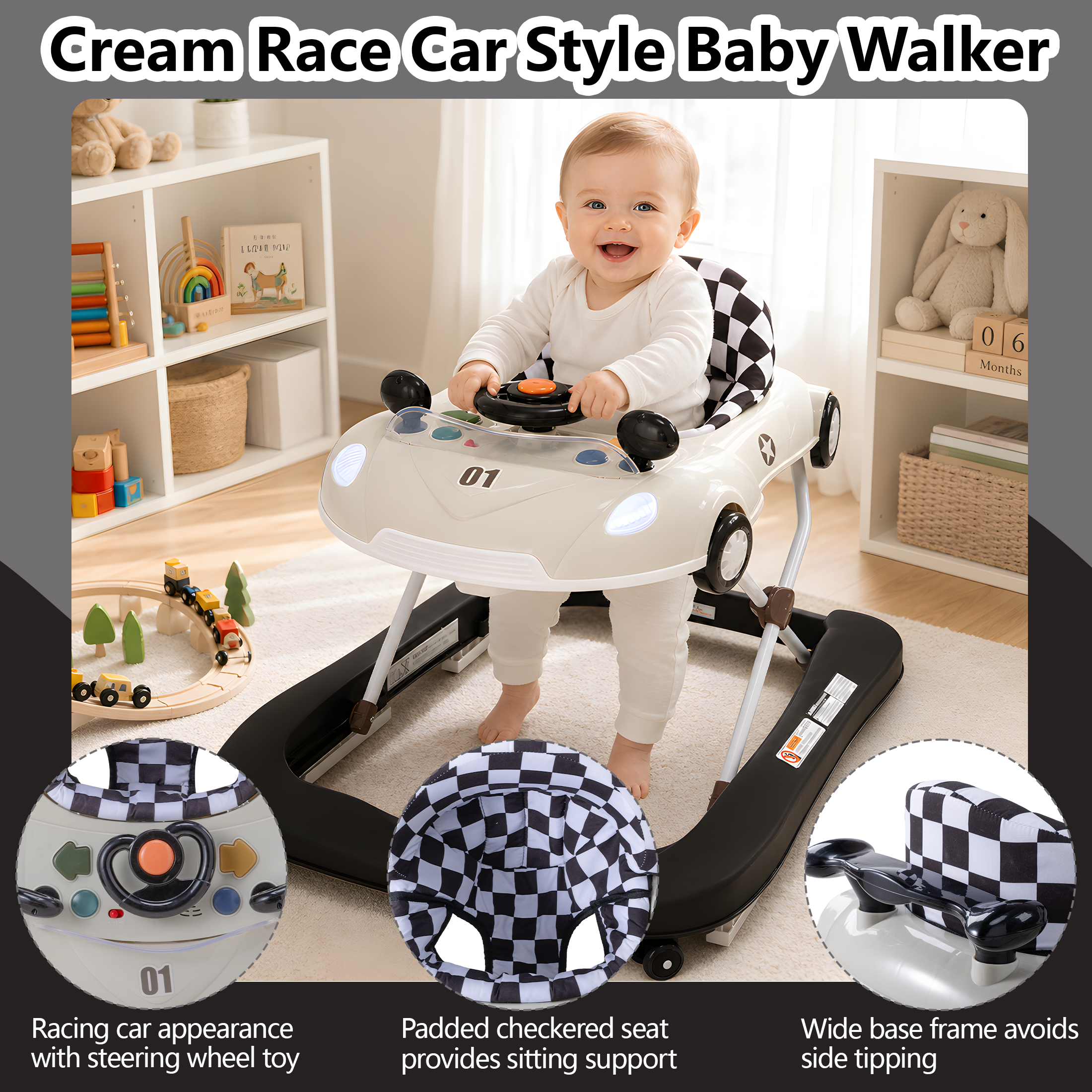 PRVAETU 5 in 1 Baby Walker Car-Shaped with Music,Lights,Foldable,Jumper,Rocking,Removable Plate for Infant Boys 6-18 Months