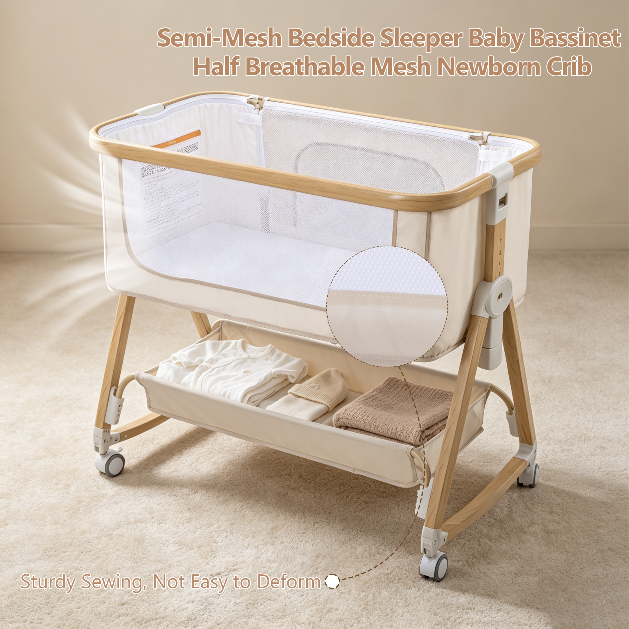 PRVAETU Baby Bassinet Bedside Sleeper, 6-Level Height Adjustable Bedside Crib with 360° Silent Lockable Wheels, Portable Bassinet for Newborns and Infants