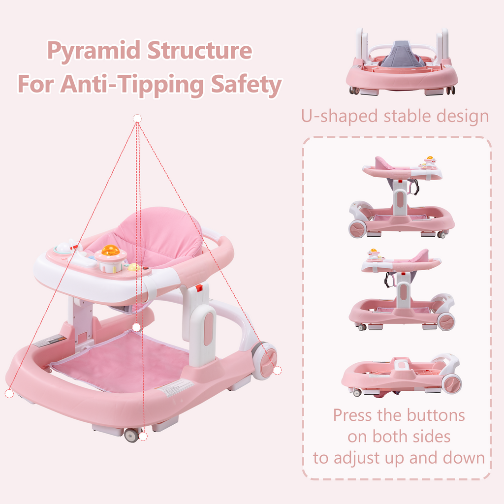 PRVAETU 4-in-1 Baby Walker with Wheels, Adjustable Height, Music and Light for Girls Boys Infant 6-18 Months