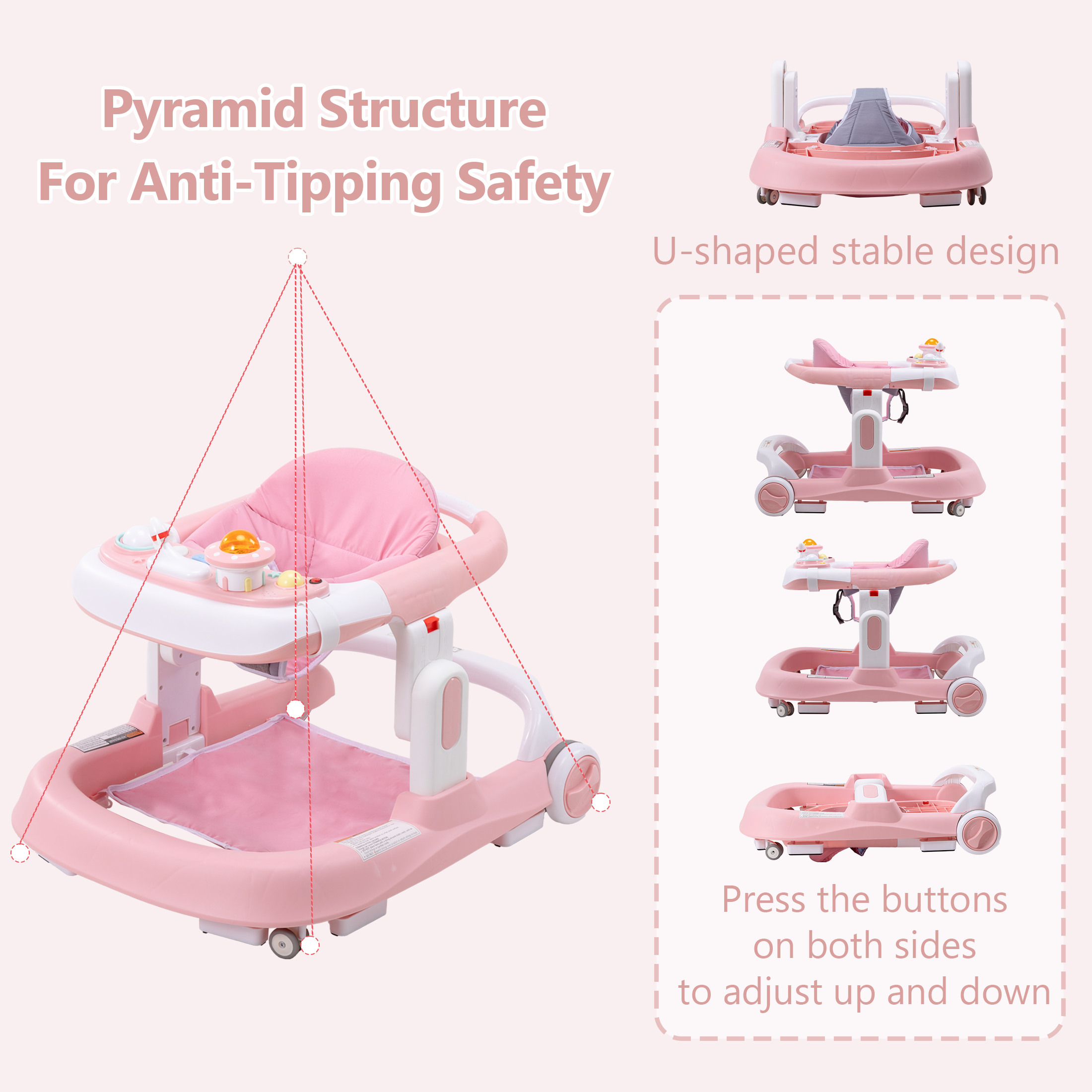 PRVAETU 4-in-1 Baby Walker with Wheels, Adjustable Height, Music and Light for Girls Boys Infant 6-18 Months