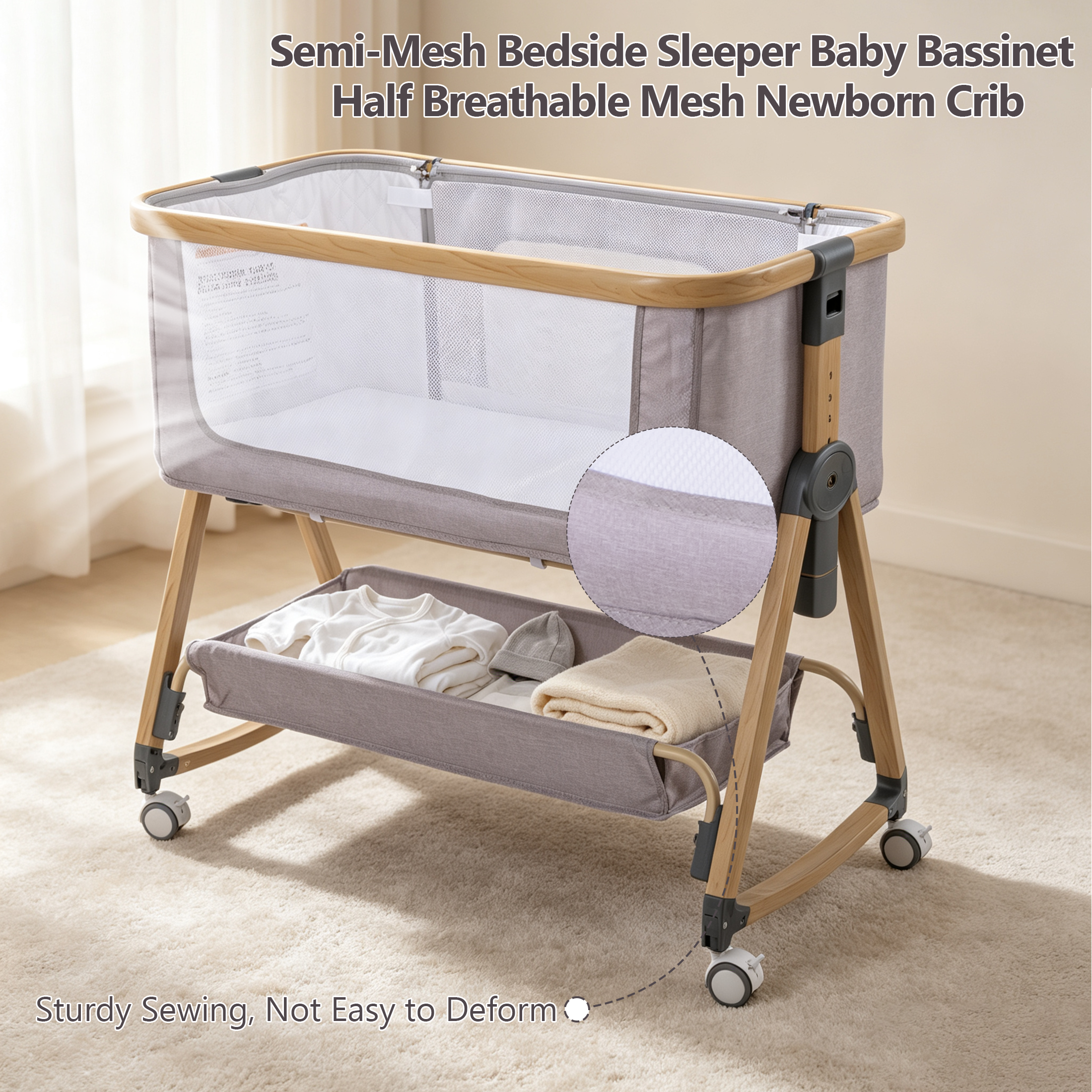 PRVAETU Baby Bassinet Bedside Sleeper, 6-Level Height Adjustable Bedside Crib with 360° Silent Lockable Wheels, Portable Bassinet for Newborns and Infants