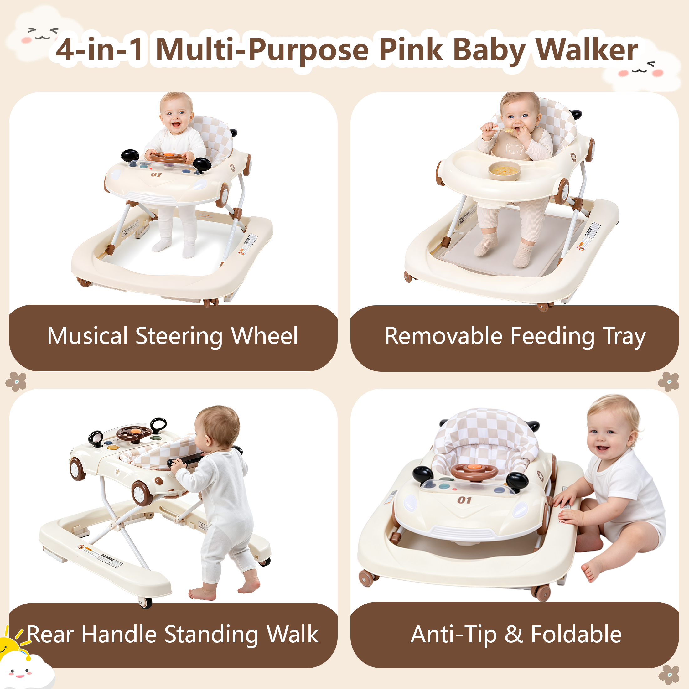 PRVAETU 5 in 1 Baby Walker Car-Shaped with Music,Lights,Foldable,Jumper,Rocking,Removable Plate for Infant Boys 6-18 Months