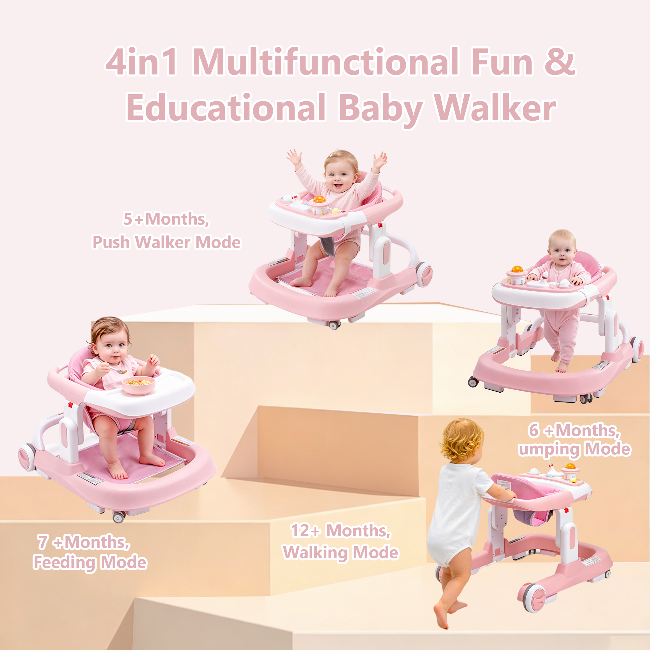 PRVAETU 4-in-1 Baby Walker with Wheels, Adjustable Height, Music and Light for Girls Boys Infant 6-18 Months