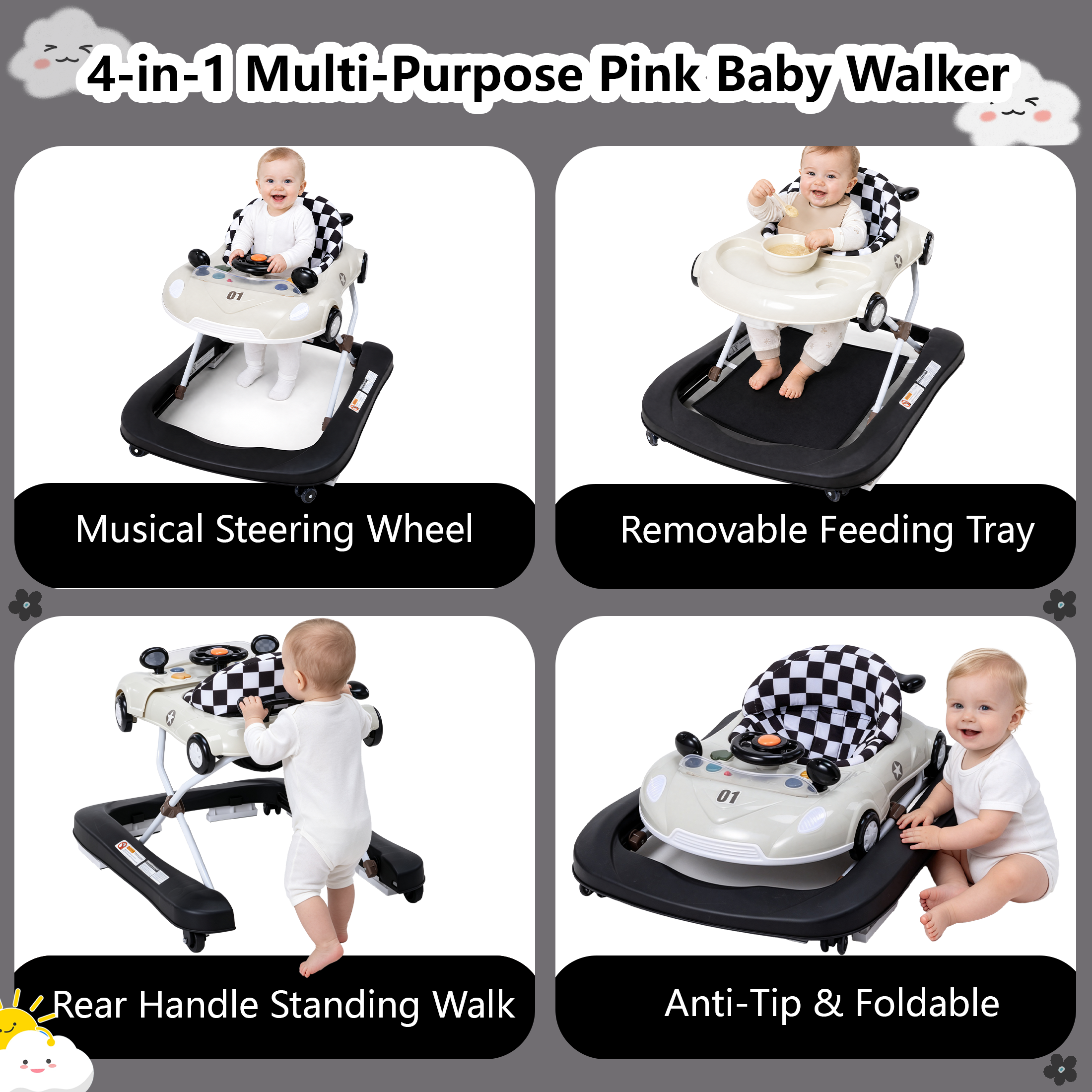 PRVAETU 5 in 1 Baby Walker Car-Shaped with Music,Lights,Foldable,Jumper,Rocking,Removable Plate for Infant Boys 6-18 Months