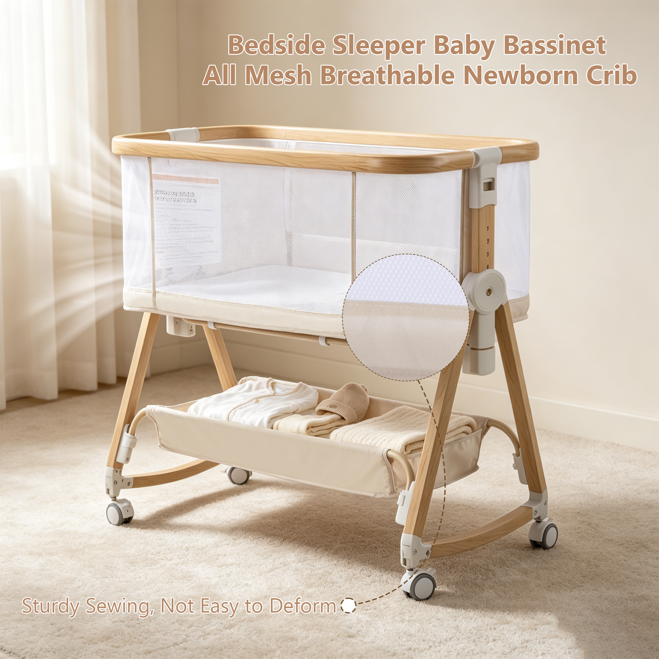 PRVAETU Baby Bassinet Bedside Sleeper, 6-Level Height Adjustable Bedside Crib with 360° Silent Lockable Wheels, Portable Bassinet for Newborns and Infants