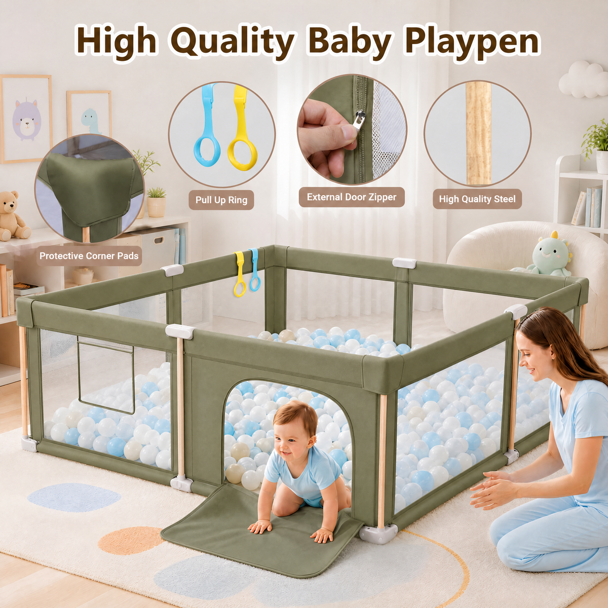 PRVAETU Foldable Baby Playpen & Playard with Mat for Boys Girls