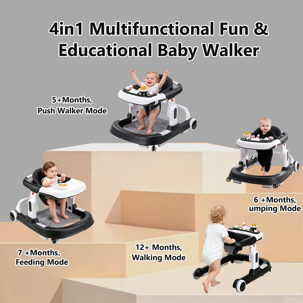 PRVAETU 4-in-1 Baby Walker with Wheels, Adjustable Height, Music and Light for Girls Boys Infant 6-18 Months