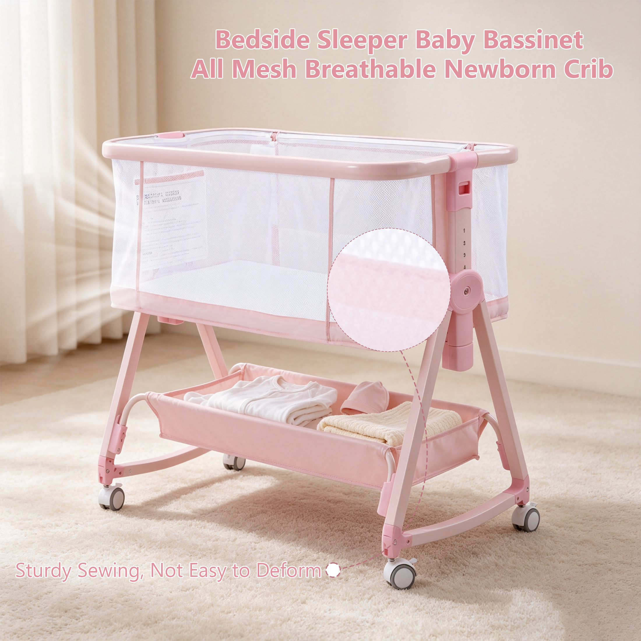 PRVAETU Baby Bassinet Bedside Sleeper, 6-Level Height Adjustable Bedside Crib with 360° Silent Lockable Wheels, Portable Bassinet for Newborns and Infants