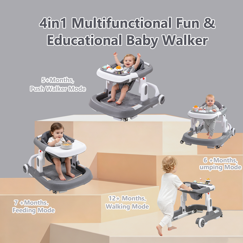 PRVAETU 4-in-1 Baby Walker with Wheels, Adjustable Height, Music and Light for Girls Boys Infant 6-18 Months