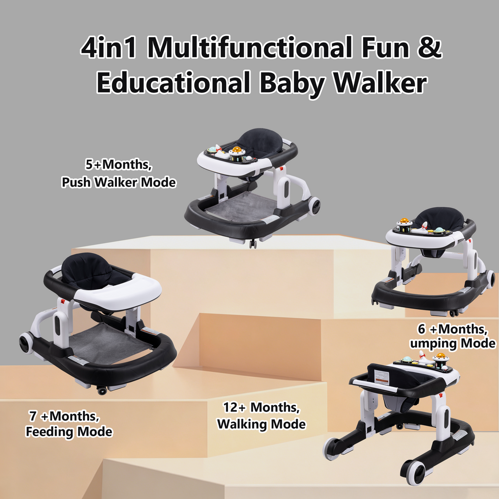 PRVAETU 4-in-1 Baby Walker with Wheels, Adjustable Height, Music and Light for Girls Boys Infant 6-18 Months