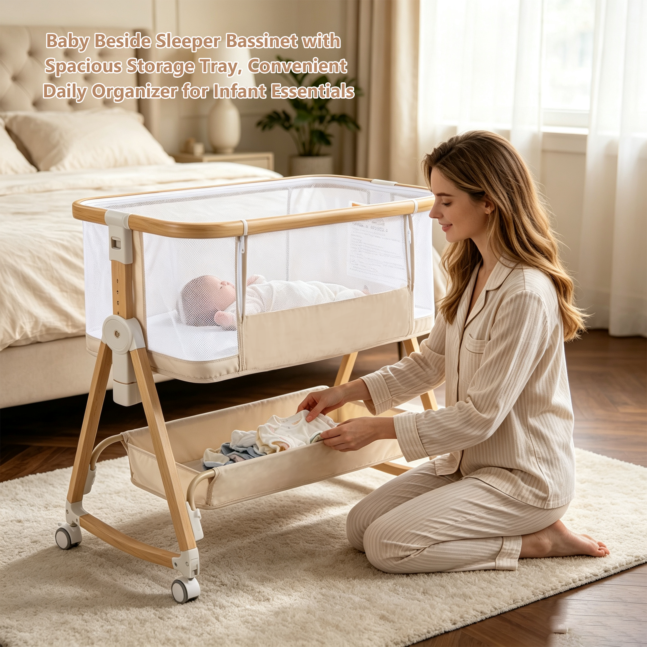 PRVAETU Baby Bassinet Bedside Sleeper, 6-Level Height Adjustable Bedside Crib with 360° Silent Lockable Wheels, Portable Bassinet for Newborns and Infants