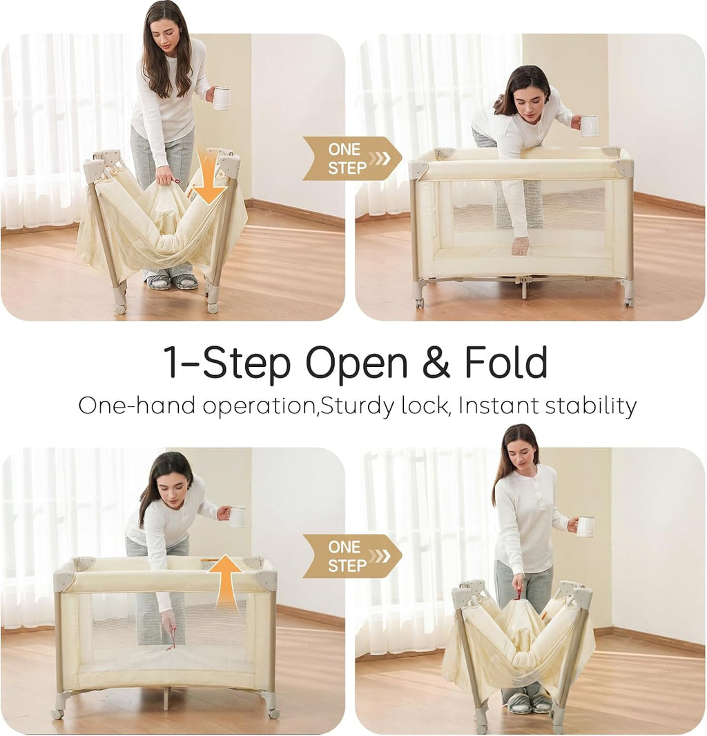 PRVAETU 4 in 1 Baby Playard with Changing Table & Mattress & 4 Movable Wheels & Toy Bar & Storage Bag, Bedside Bassinet Sleeper for Newborn