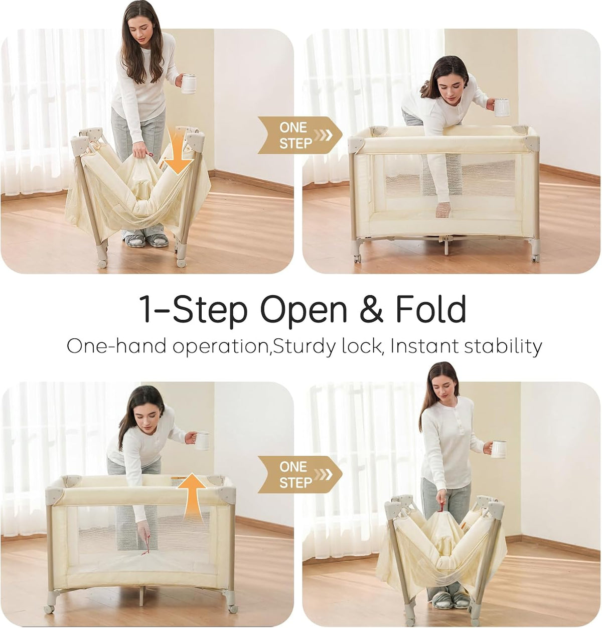 PRVAETU 4 in 1 Baby Playard with Changing Table & Mattress & 4 Movable Wheels & Toy Bar & Storage Bag, Bedside Bassinet Sleeper for Newborn