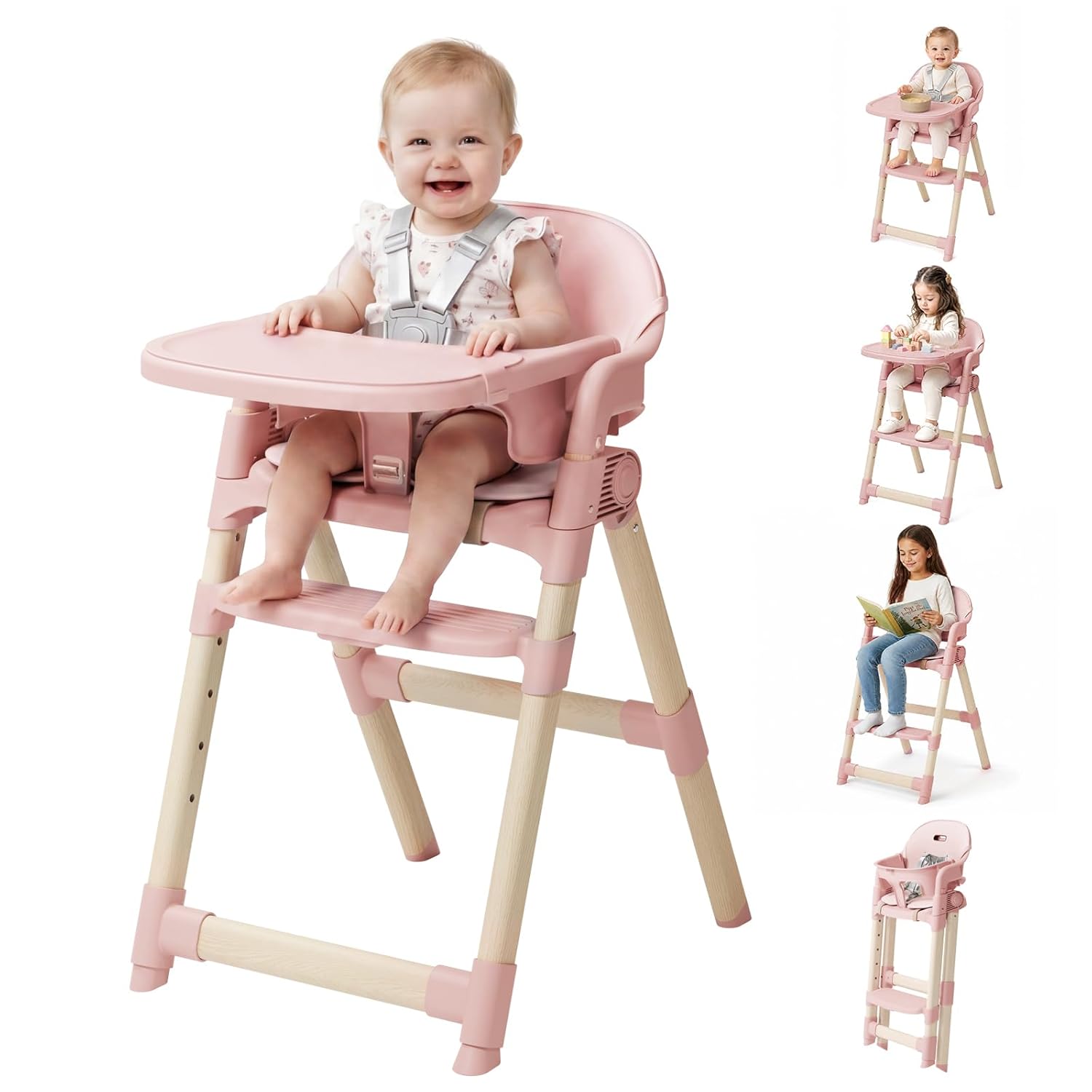 PRVAETU Convertible High Chair for Babies and Toddlers with Removable Easy-Clean Tray, Adjustable Legs, Foldable Feeding Chair