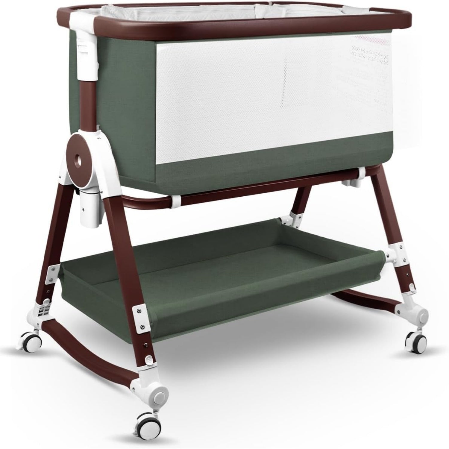 PRVAETU 4 in 1 Baby Bassinet Bedside Sleeper W/ Wheels,Storage Basket,Adjustable 7 Heights,Mosquito Net,Breathable Mesh Cradle for Infants Toddler