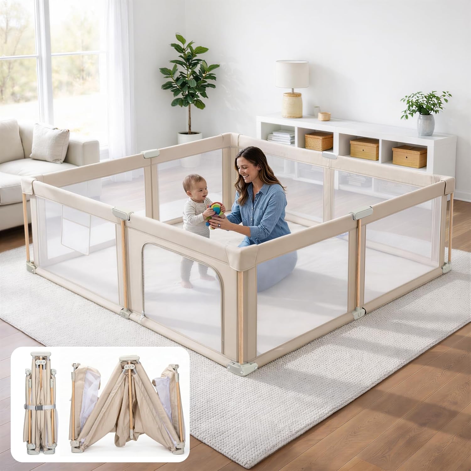 PRVAETU Foldable Baby Playpen with Mat, Play Yard Fence for Babies Boys Girls Toddlers, Large Playard W/ 300D Fabric for Infant and Kids
