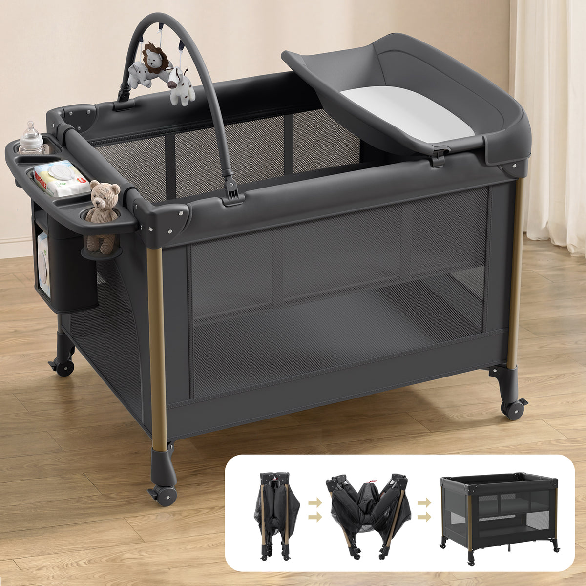 PRVAETU 4 in 1 Baby Playard with Changing Table & Mattress & 4 Movable Wheels & Toy Bar & Storage Bag, Bedside Bassinet Sleeper for Newborn