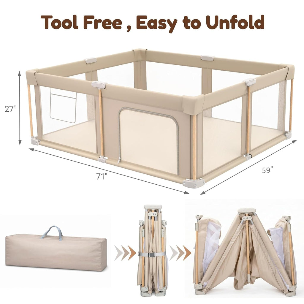 PRVAETU Foldable Baby Playpen with Mat, Play Yard Fence for Babies Boys Girls Toddlers, Large Playard W/ 300D Fabric for Infant and Kids