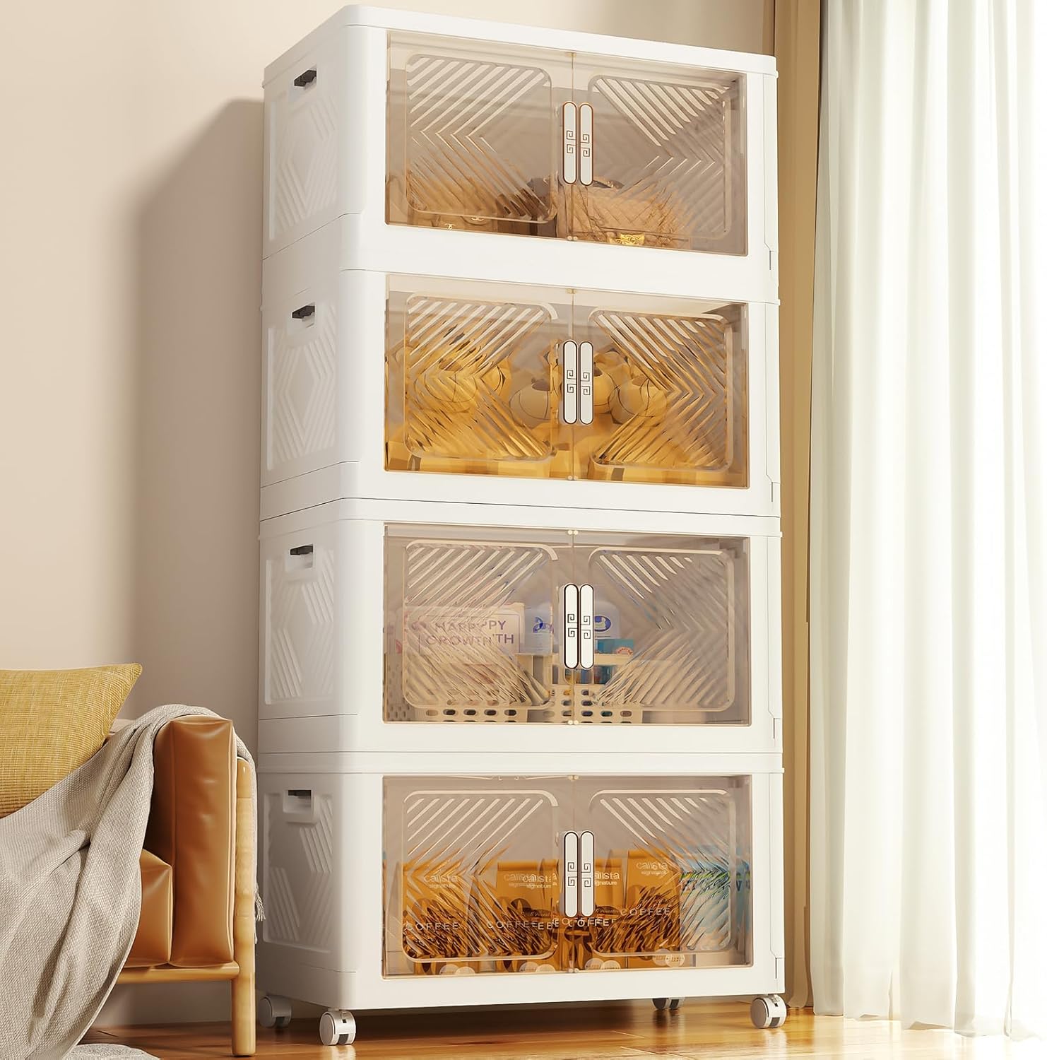 PRVAETU Storage Bins Storage Containers with Wheels and Magnetic Doors, Plastic Clothes Closet Organizers and Storage Box for Home and Office