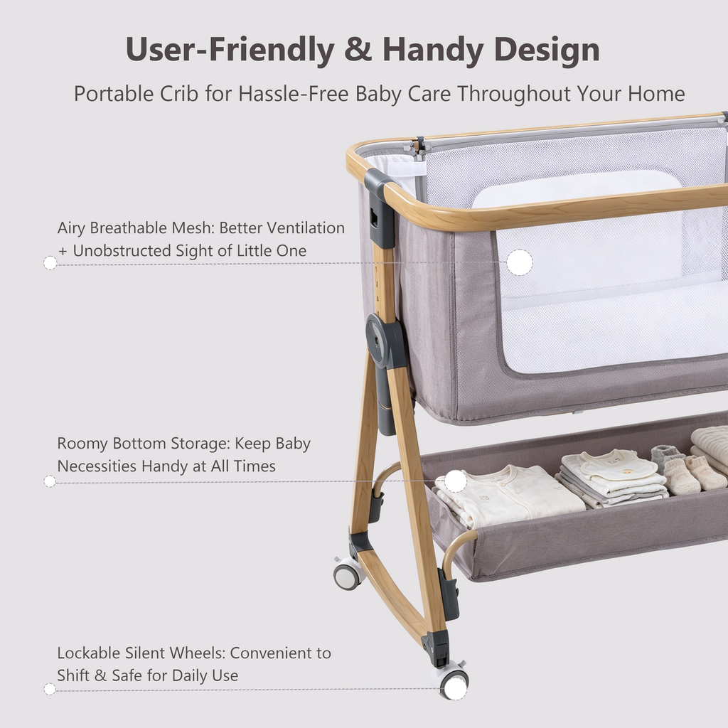 PRVAETU Baby Bassinet Bedside Sleeper, 6-Level Height Adjustable Bedside Crib with 360° Silent Lockable Wheels, Portable Bassinet for Newborns and Infants