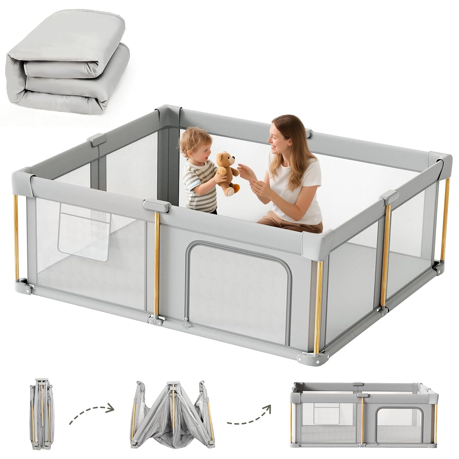 PRVAETU Foldable Baby Playpen with Mat, Play Yard Fence for Babies Boys Girls Toddlers, Large Playard W/ 300D Fabric for Infant and Kids