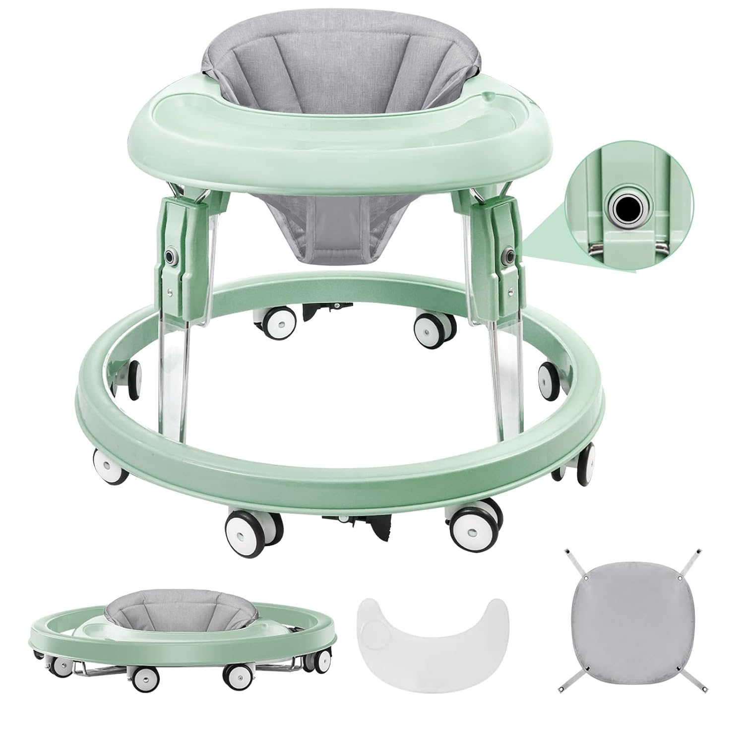 PRVAETU Foldable Baby Walker Activity Center W/ Wheels,Height Adjustable W/ Dinner Plate & Foot Pad for 6-18 Months Babies Infant Boys Girls