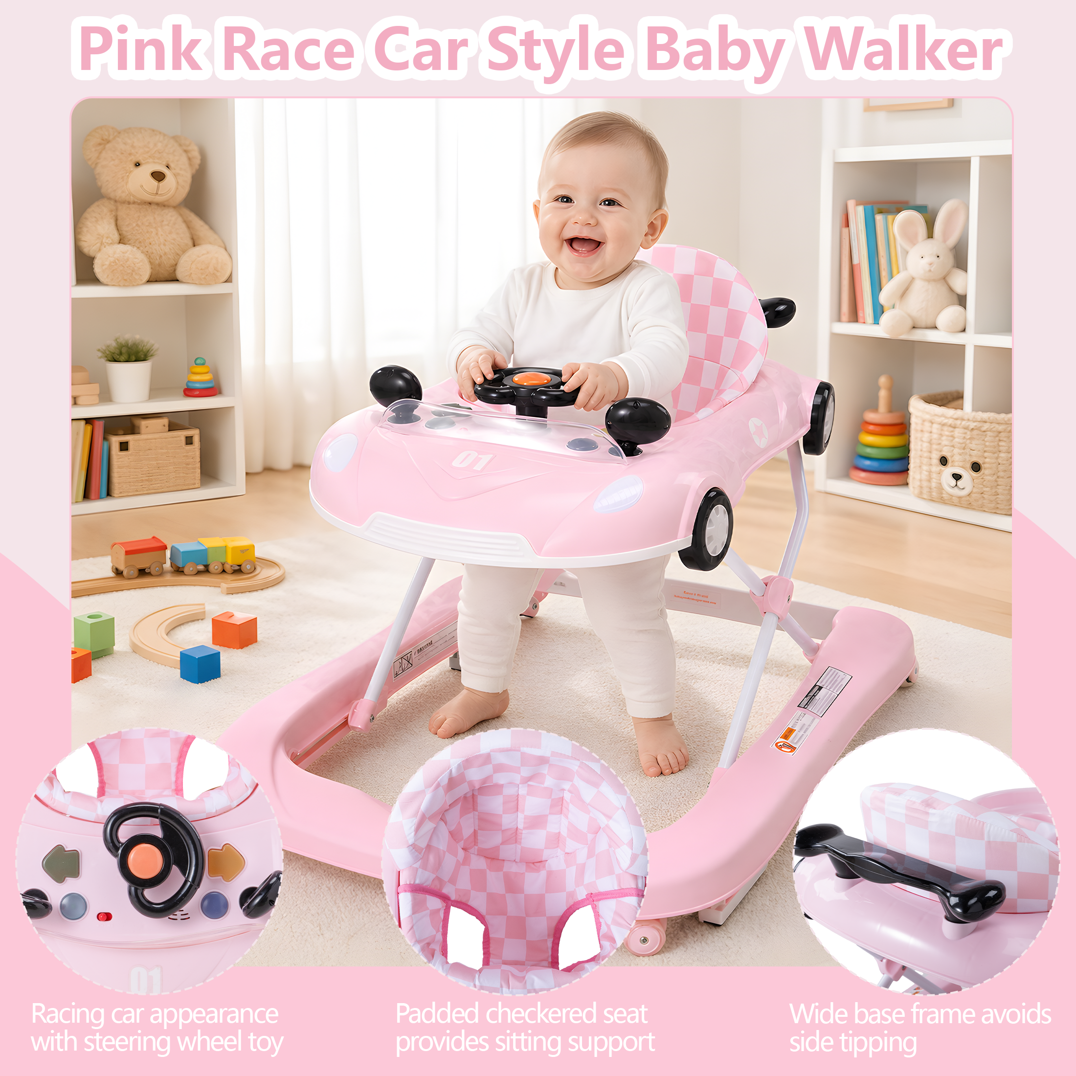 PRVAETU 5 in 1 Baby Walker Car-Shaped with Music,Lights,Foldable,Jumper,Rocking,Removable Plate for Infant Boys 6-18 Months