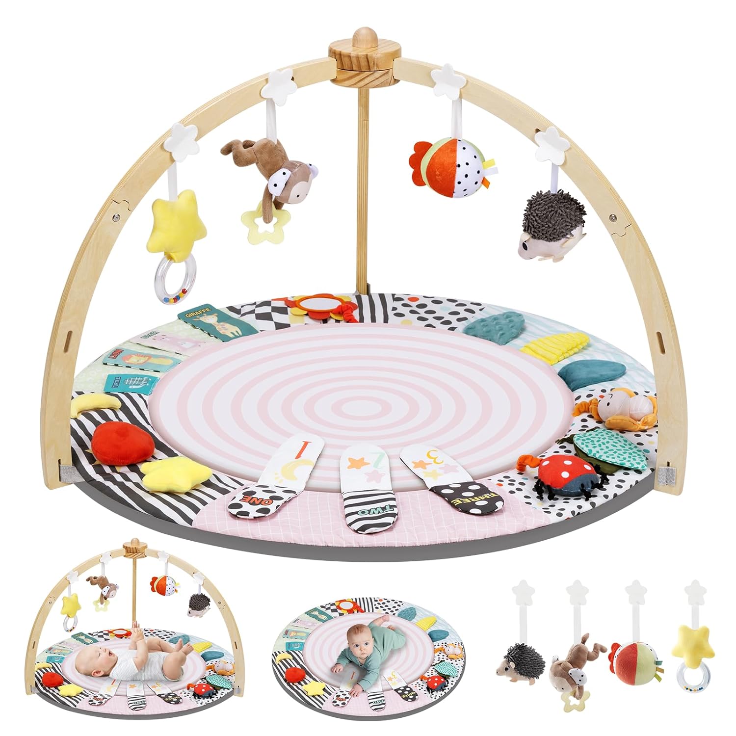PRVAETU Wooden Baby Gym Play Mat, Foldable Tummy Time Playmat W/ 7 Detachable Toys for Infant Newborn Toddler Motor Skills Sensory Development