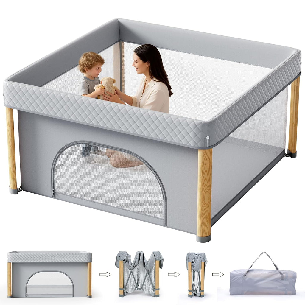 PRVAETU One Step Foldable Playpen with Mat for Babies Boys & Girls, Large Playard with Storage Bag for Infant Toddler Indoor Outdoor Use