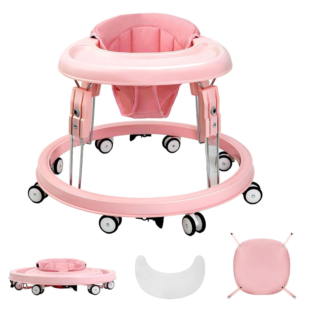 PRVAETU Foldable Baby Walker Activity Center W/ Wheels,Height Adjustable W/ Dinner Plate & Foot Pad for 6-18 Months Babies Infant Boys Girls