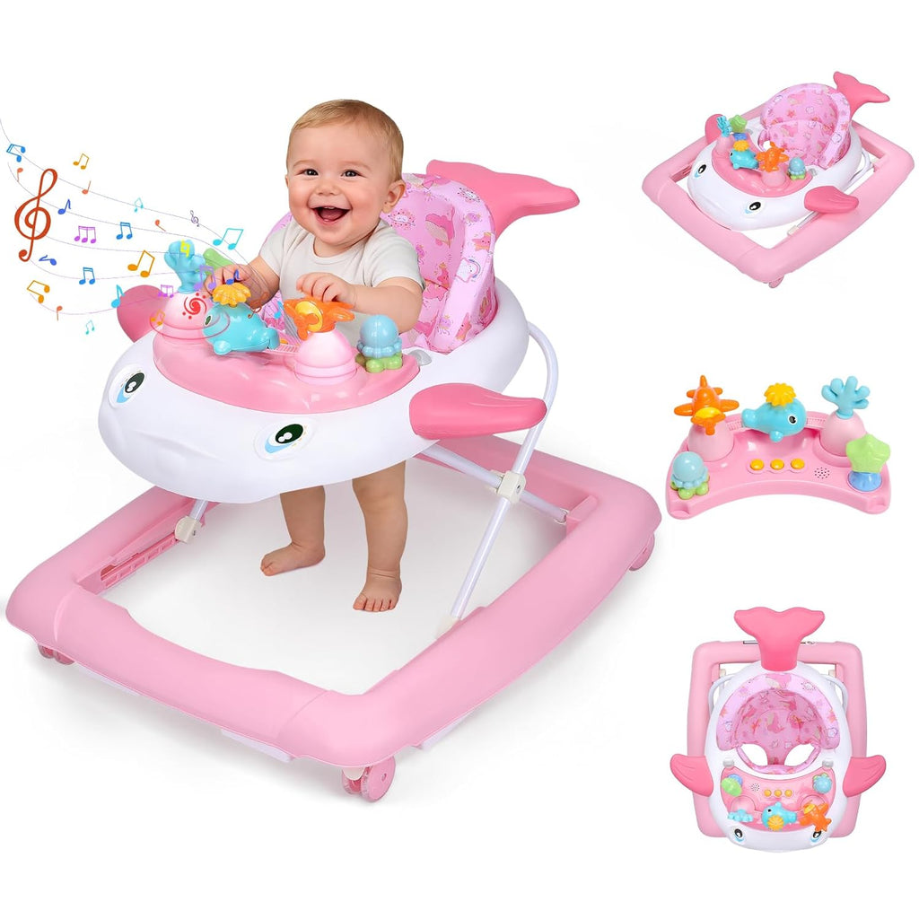 PRVAETU Baby Walker & Activity Center W/ Music & Lights,3 Adjustable Height, Anti-Rollover & Foldable Design for Infant Boy and Girl 6-18 Months